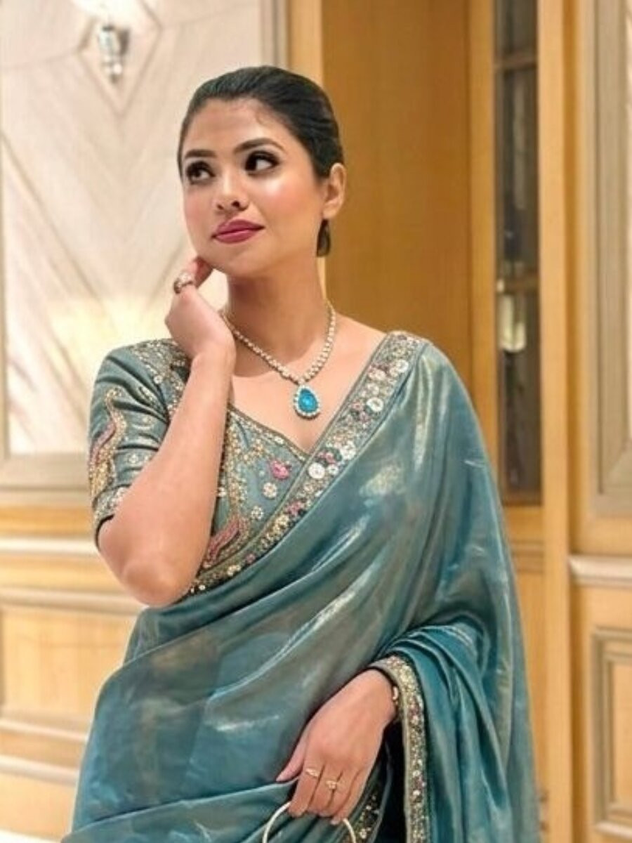 Teal Fendy Satin Silk Embroidery Sequins Beads Wedding Reception Festival Casual Heavy Border Sarees