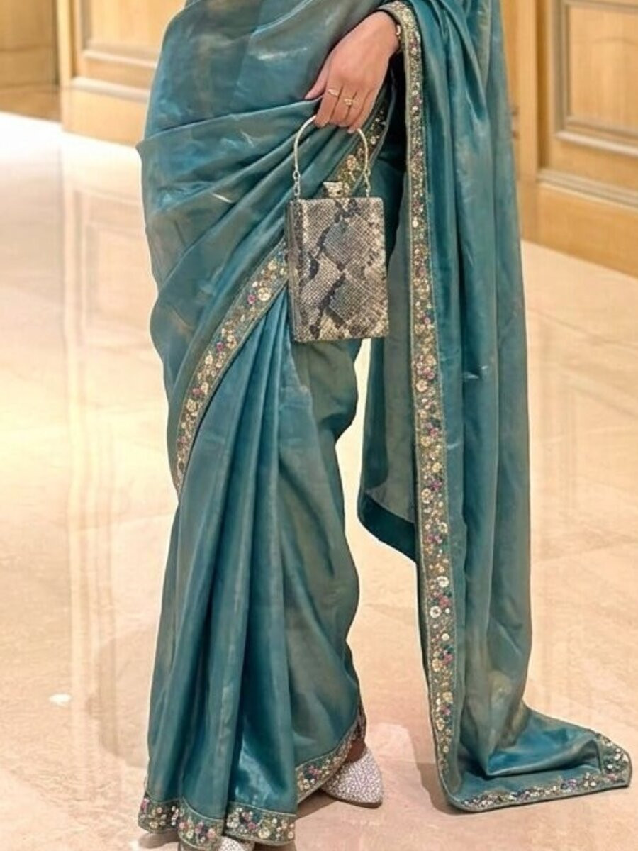 Teal Fendy Satin Silk Embroidery Sequins Beads Wedding Reception Festival Casual Heavy Border Sarees