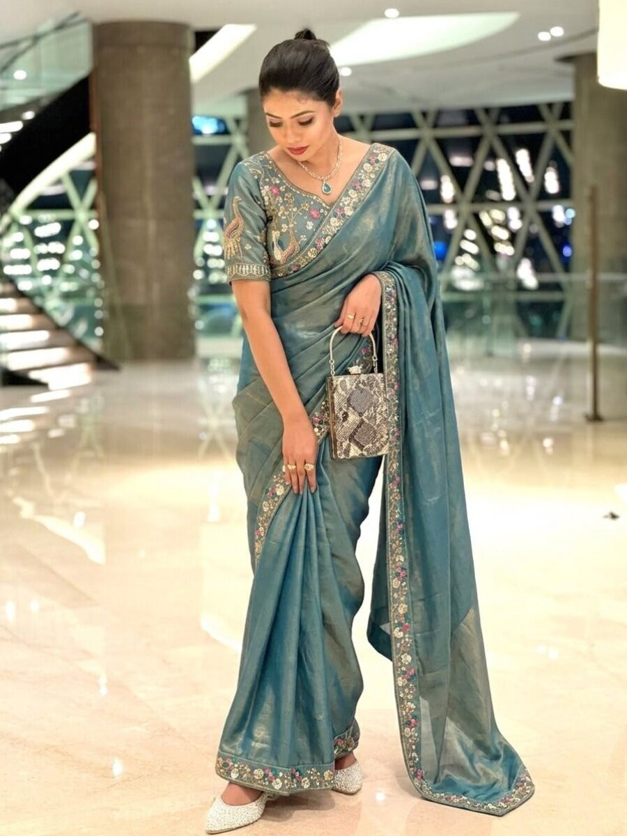 Teal Fendy Satin Silk Embroidery Sequins Beads Wedding Reception Festival Casual Heavy Border Sarees