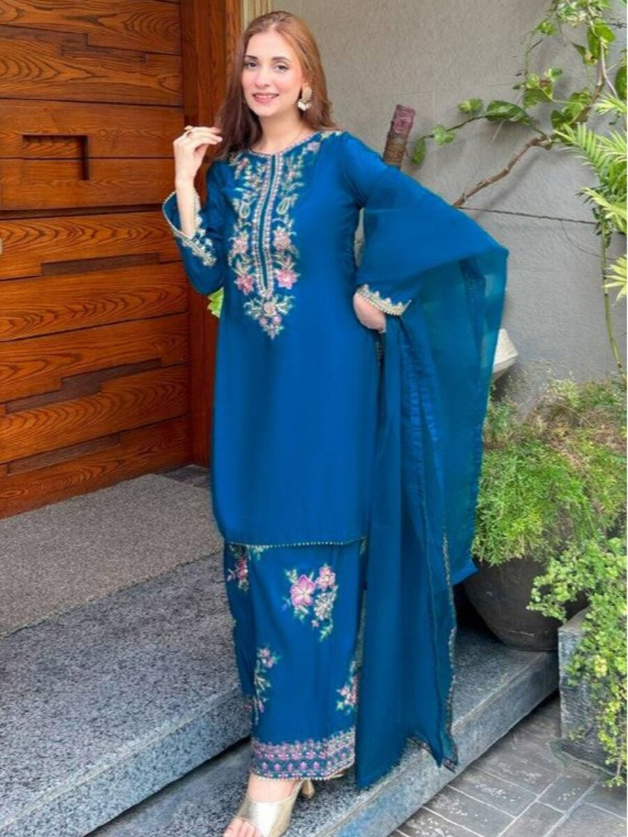 Teal French Crepe Embroidery Wedding Party Festival Casual Ready Palazzo Palazzo Pant Salwar Kameez