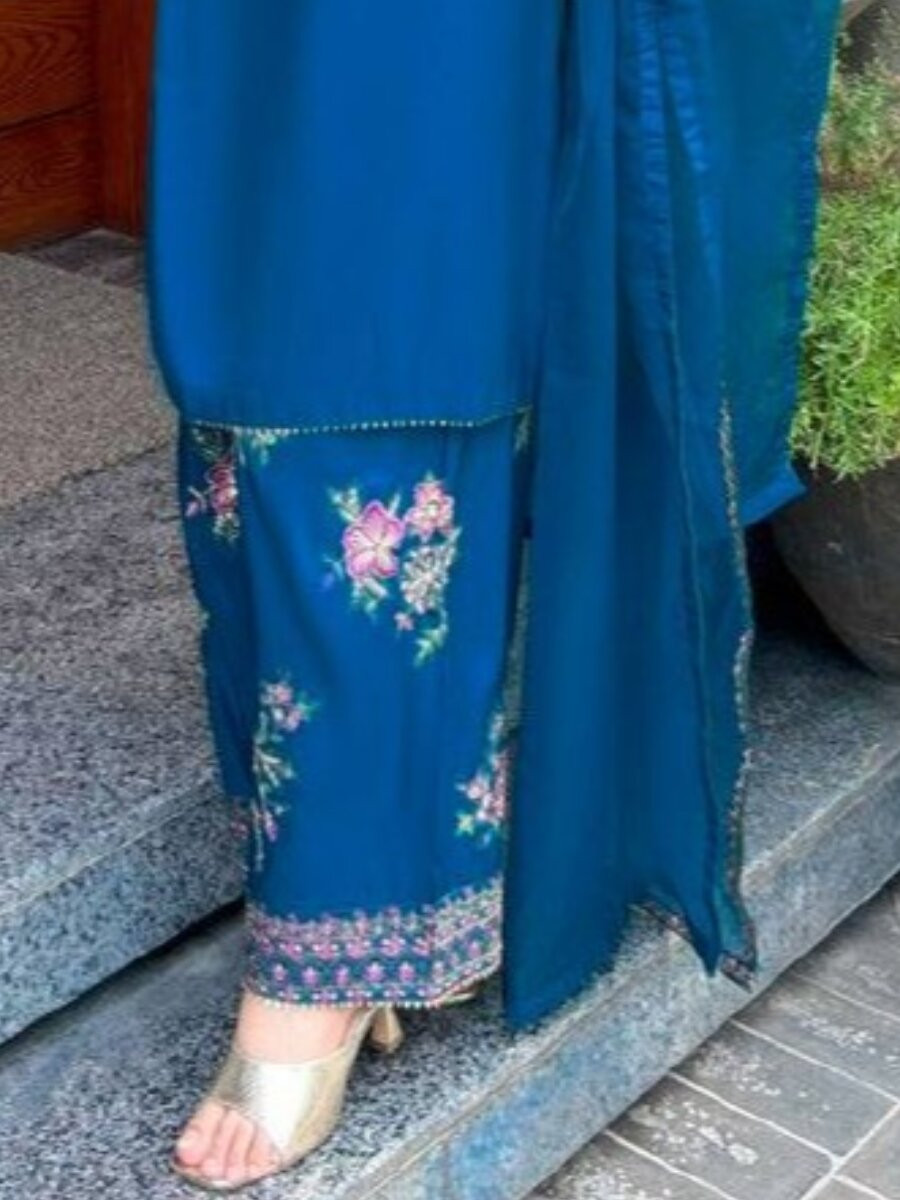 Teal French Crepe Embroidery Wedding Party Festival Casual Ready Palazzo Palazzo Pant Salwar Kameez