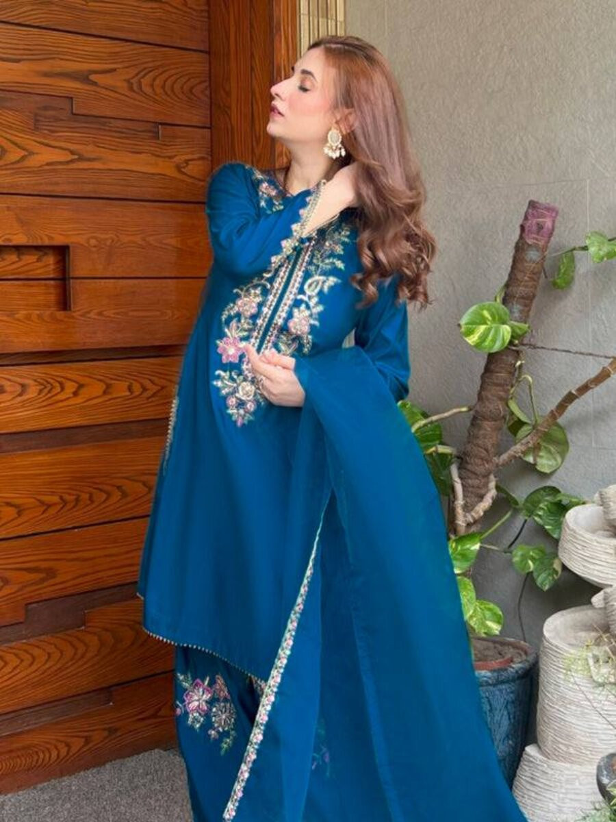 Teal French Crepe Embroidery Wedding Party Festival Casual Ready Palazzo Palazzo Pant Salwar Kameez