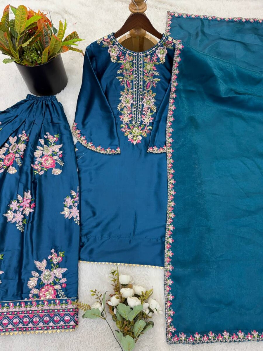 Teal French Crepe Embroidery Wedding Party Festival Casual Ready Palazzo Palazzo Pant Salwar Kameez