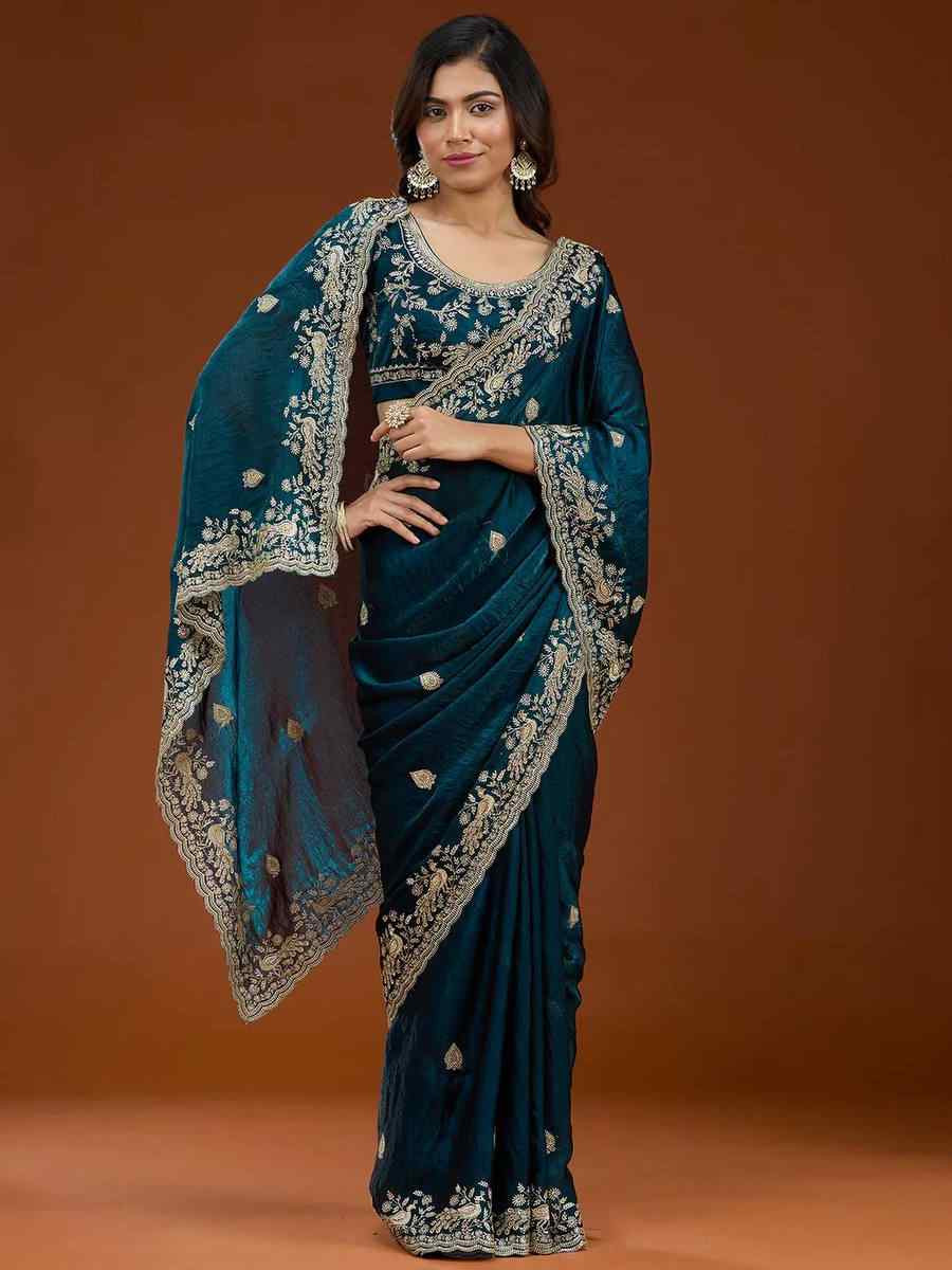 Teal Frendy Chiffon Zari Embroidery Casual Reception Festival Wedding Fancy Heavy Border Sarees