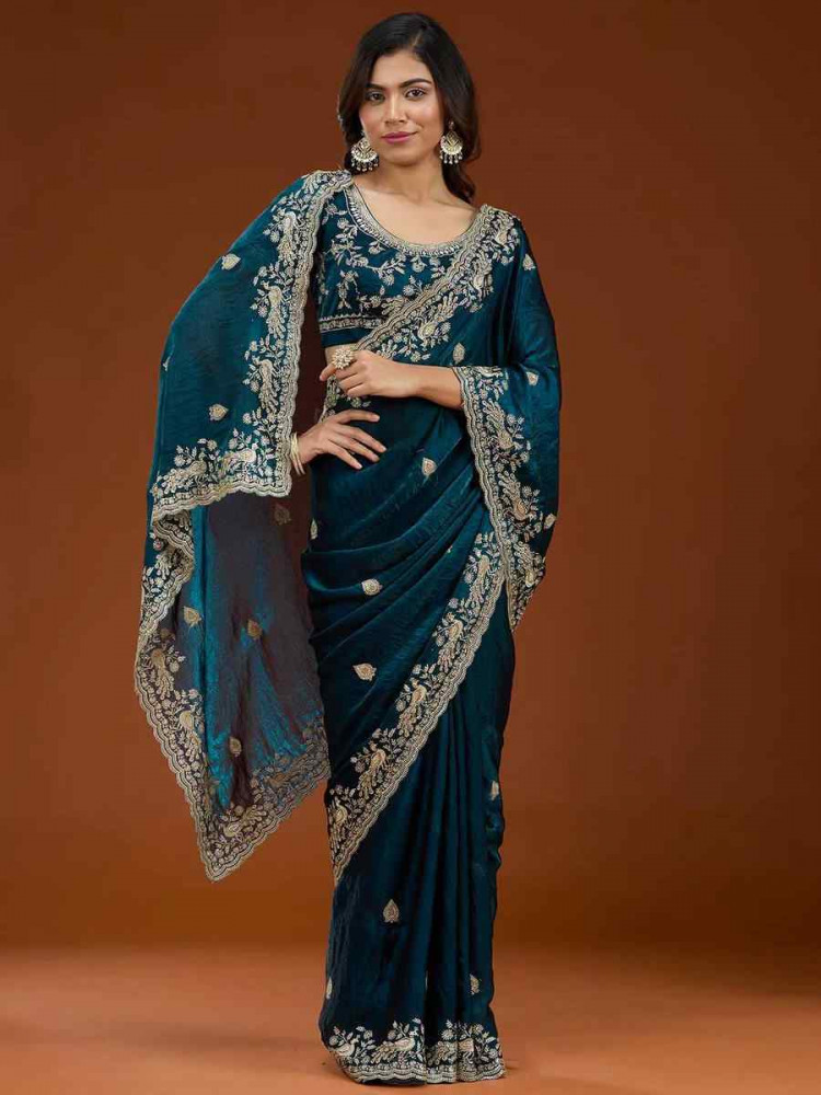 Image of Teal Frendy Chiffon Zari Embroidery Casual Reception Festival Wedding Fancy Heavy Border Sarees