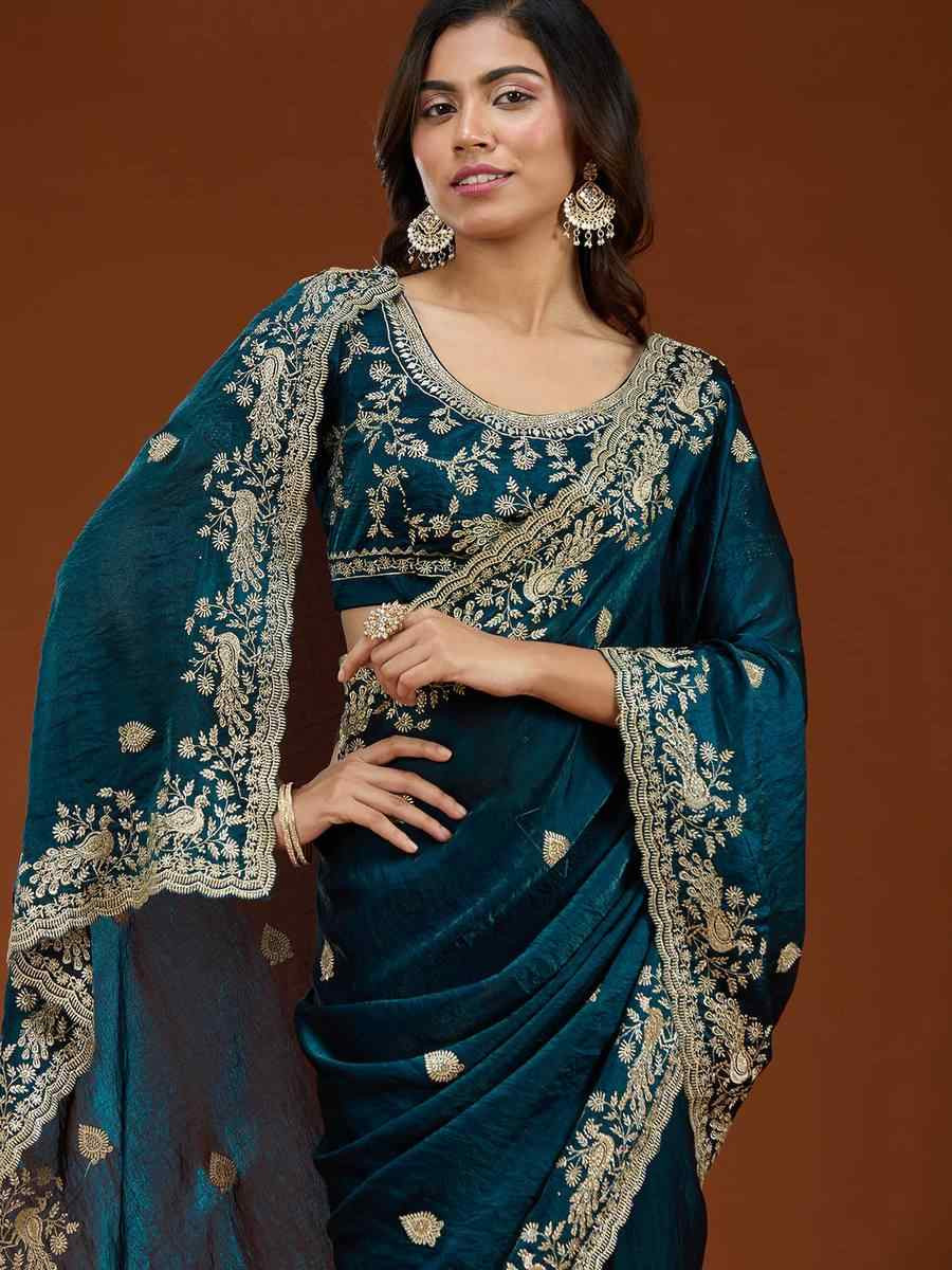 Teal Frendy Chiffon Zari Embroidery Casual Reception Festival Wedding Fancy Heavy Border Sarees