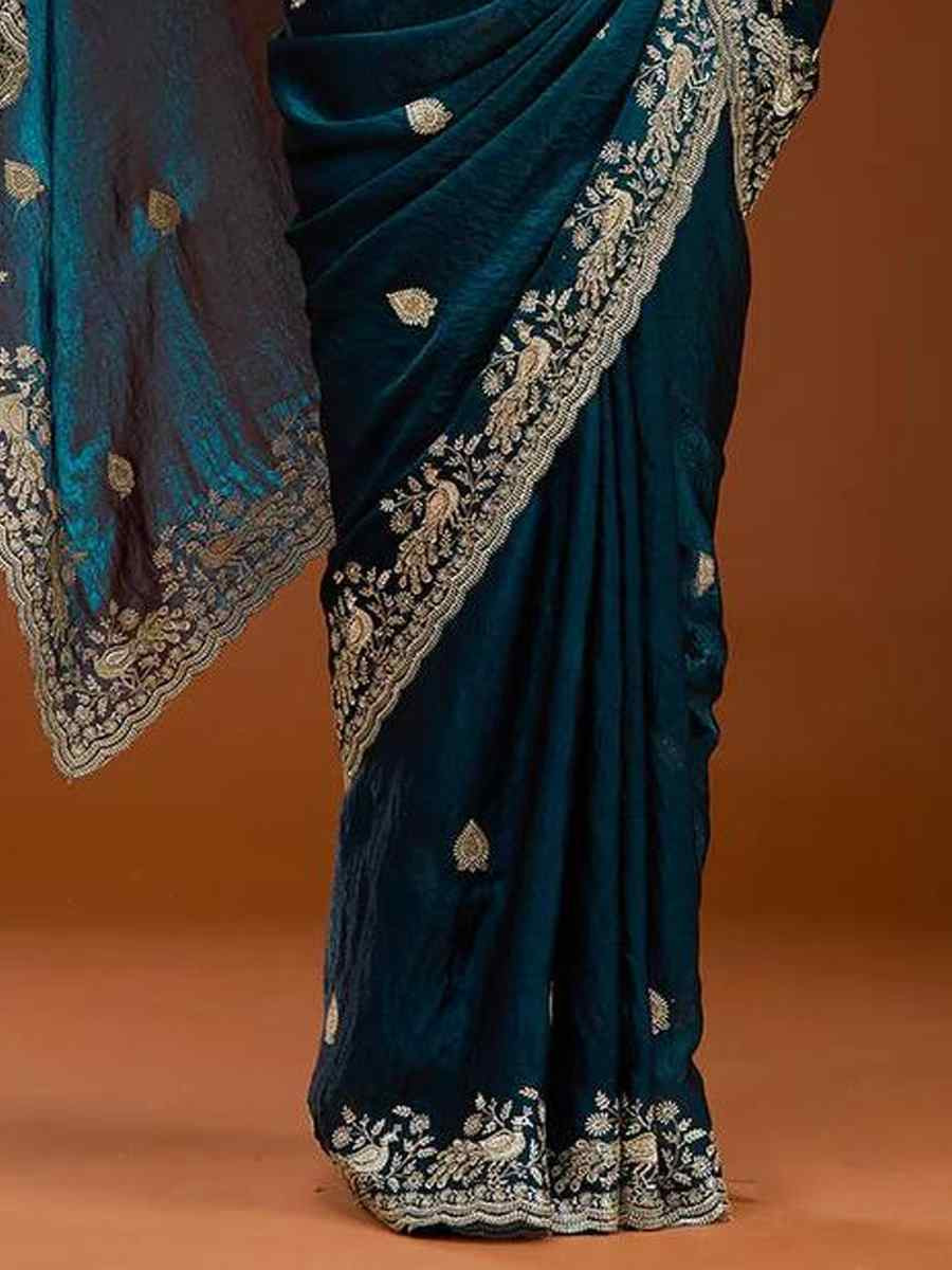Teal Frendy Chiffon Zari Embroidery Casual Reception Festival Wedding Fancy Heavy Border Sarees