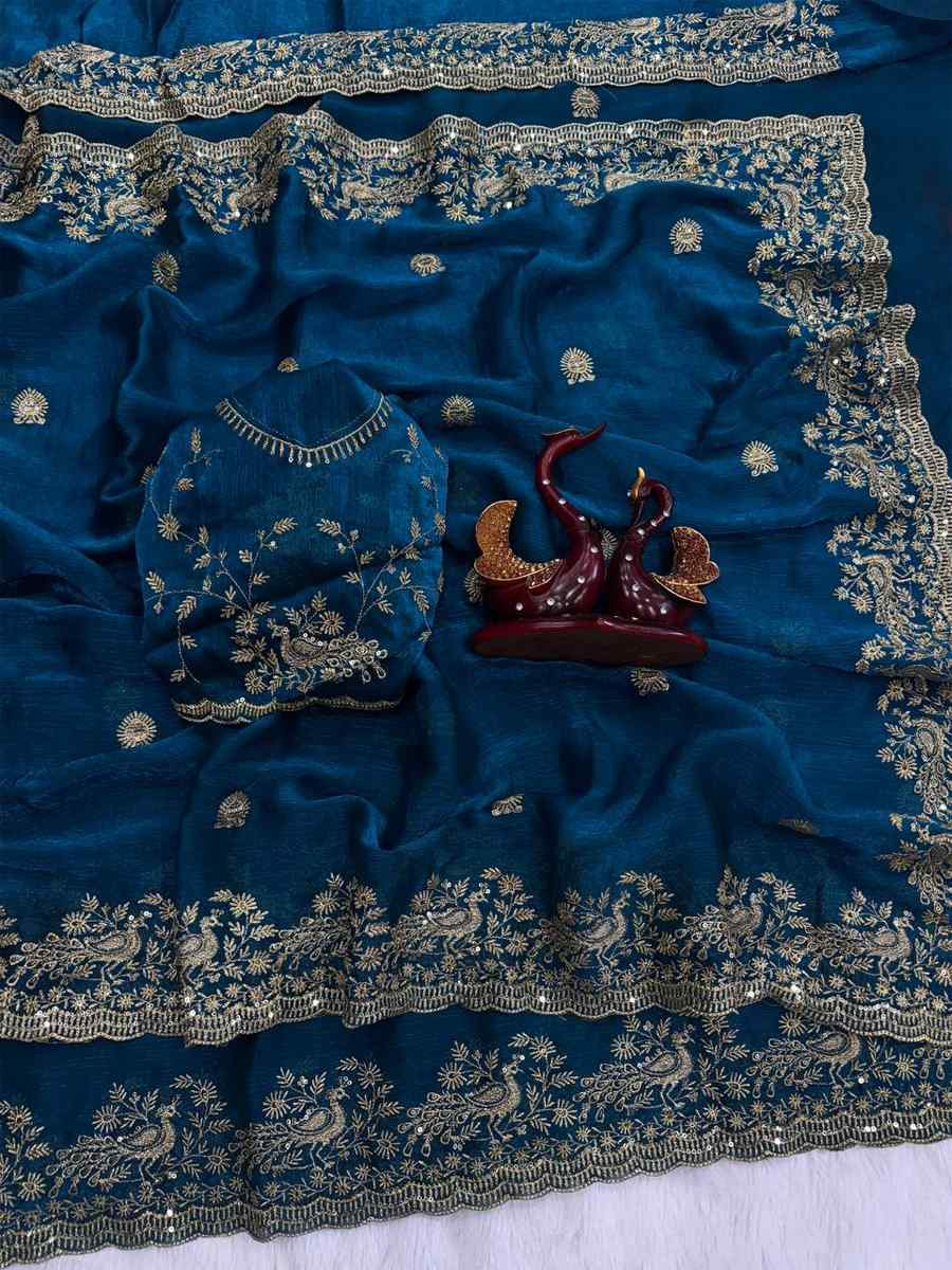 Teal Frendy Chiffon Zari Embroidery Casual Reception Festival Wedding Fancy Heavy Border Sarees