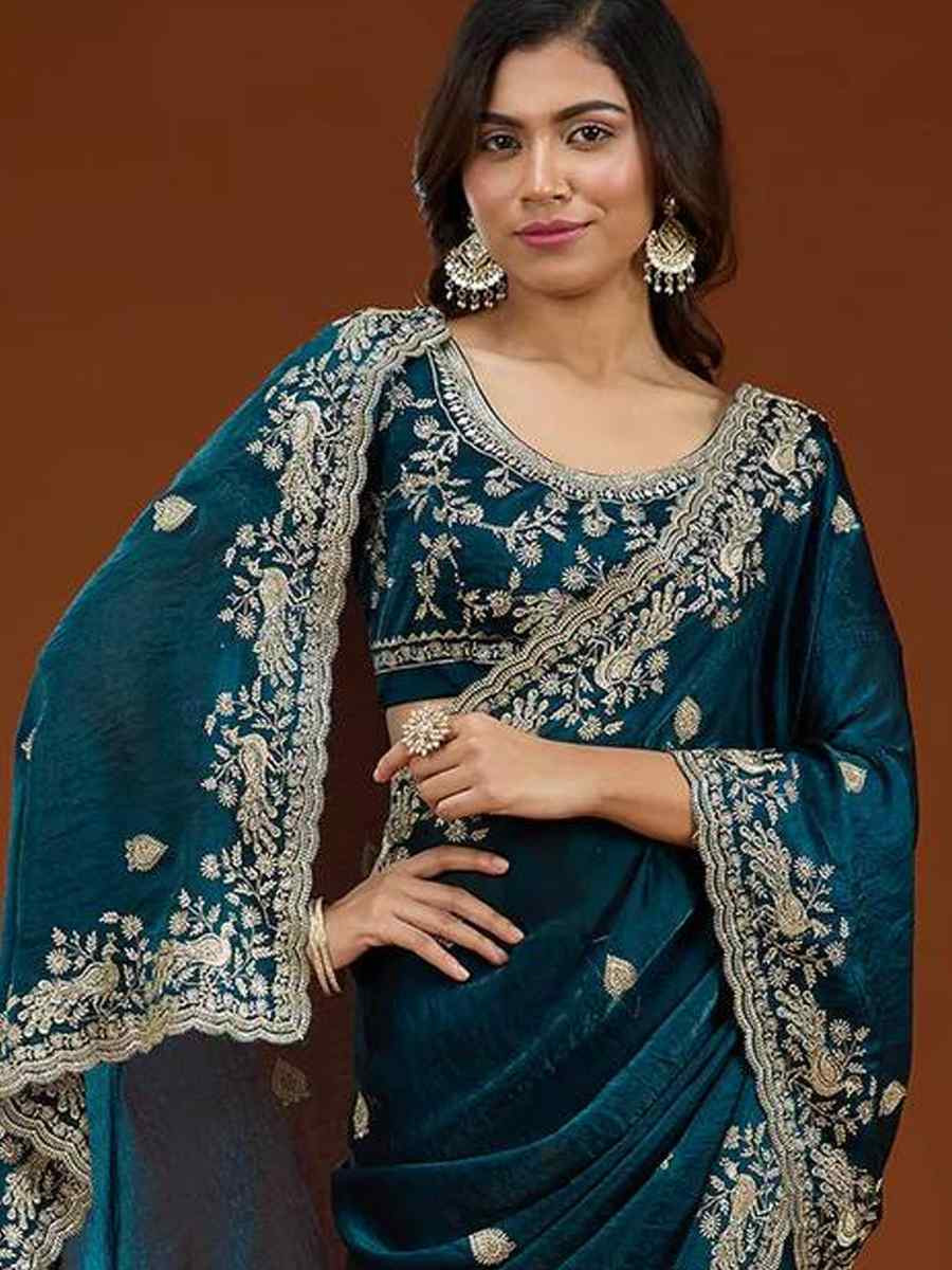Teal Frendy Chiffon Zari Embroidery Casual Reception Festival Wedding Fancy Heavy Border Sarees