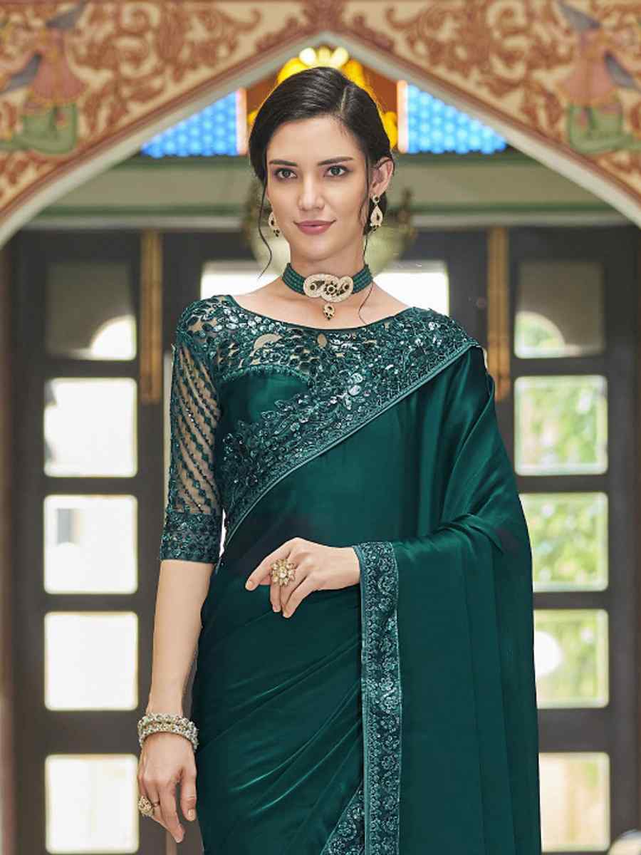 Teal Geetanjali Silk Embroidered Party Festival Heavy Border Saree