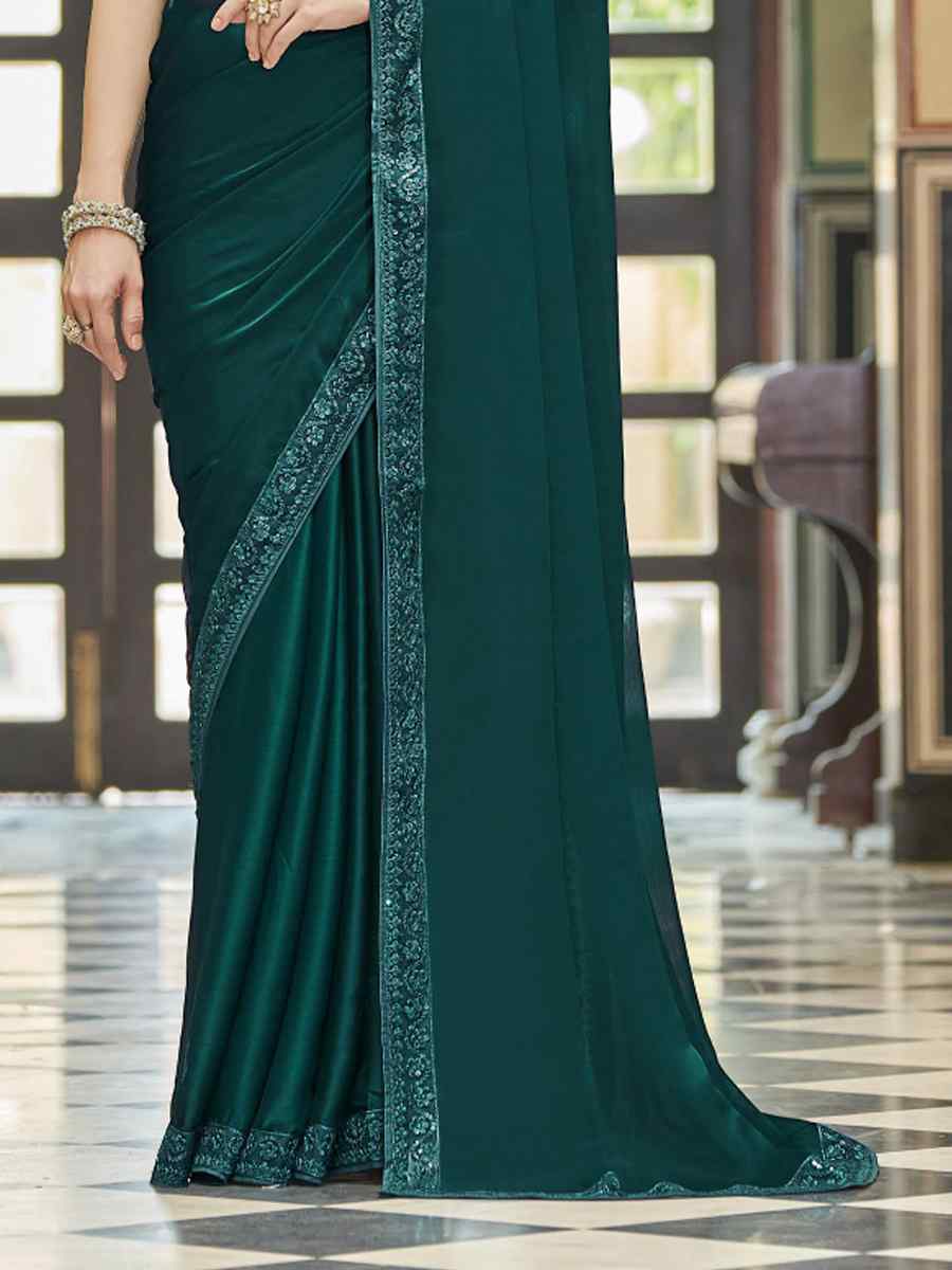 Teal Geetanjali Silk Embroidered Party Festival Heavy Border Saree