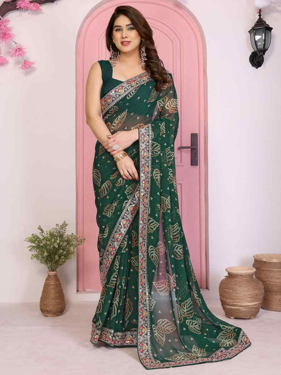 Teal Georgette Bhandej Print with Embroidery Party Bridal Reception Festival Wedding Fancy Heavy Border Saree
