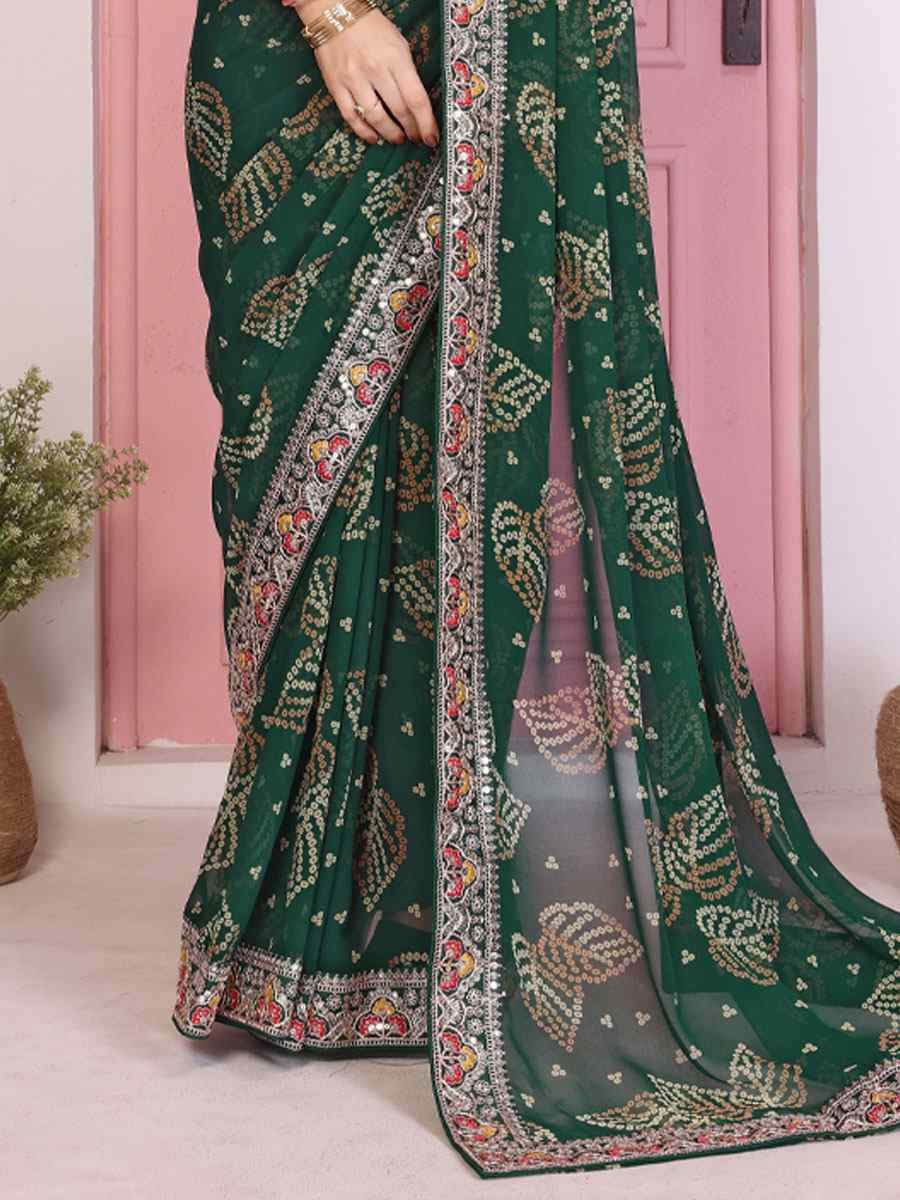 Teal Georgette Bhandej Print with Embroidery Party Bridal Reception Festival Wedding Fancy Heavy Border Saree