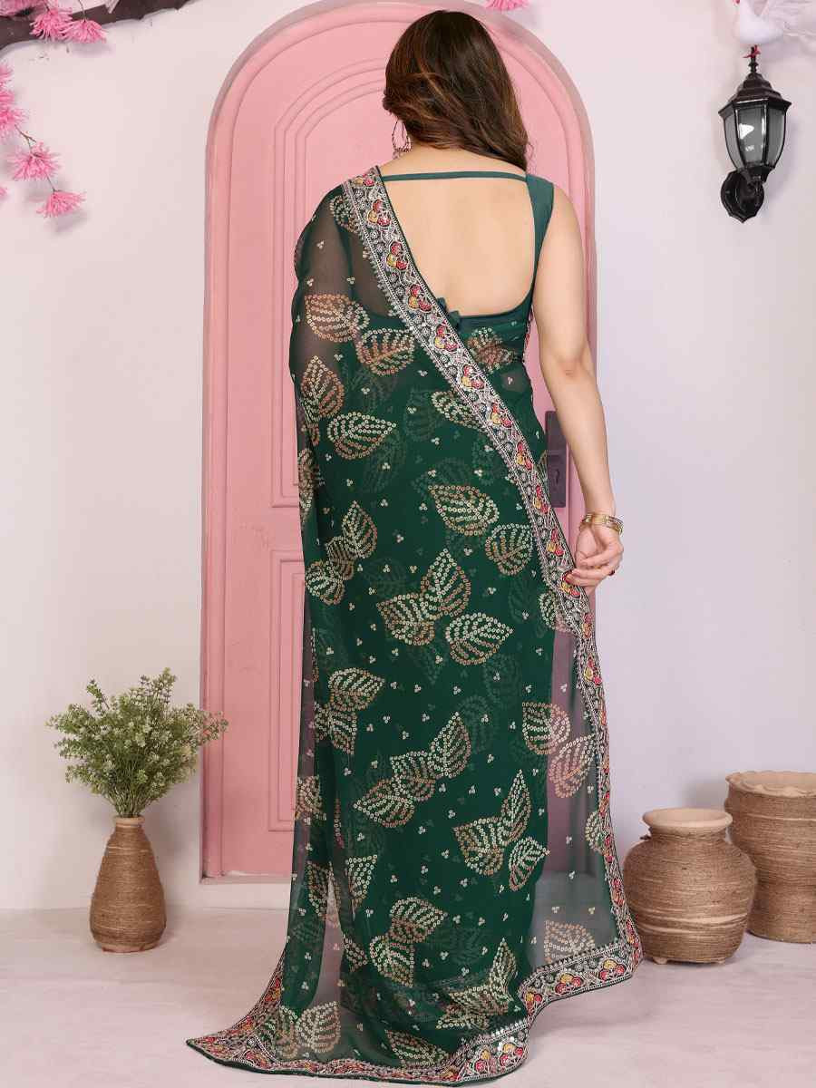 Teal Georgette Bhandej Print with Embroidery Party Bridal Reception Festival Wedding Fancy Heavy Border Saree