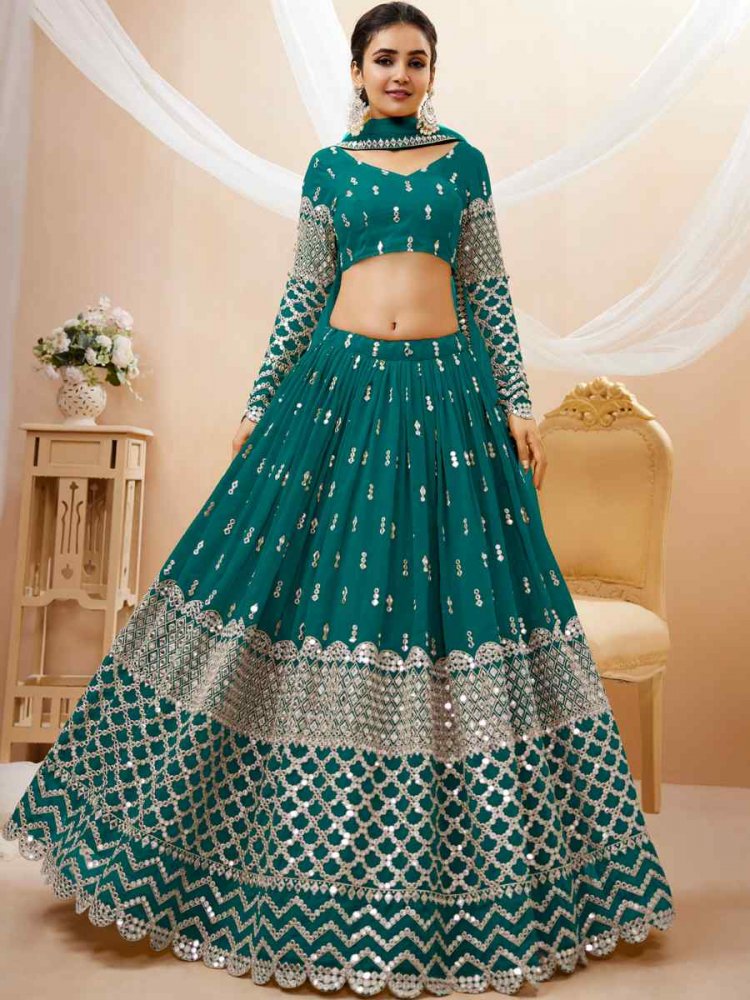 Teal Georgette Embroidered Bridesmaid Wedding Heavy Border Lehenga Choli