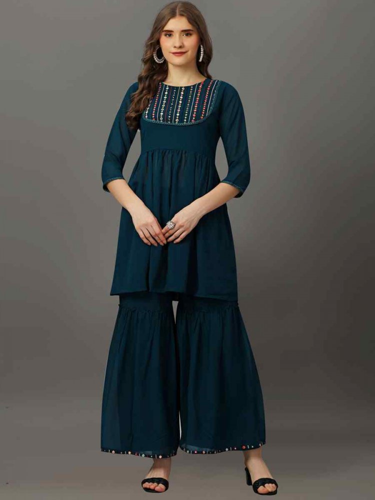 Teal Georgette Embroidered Festival Casual Kurti with Bottom