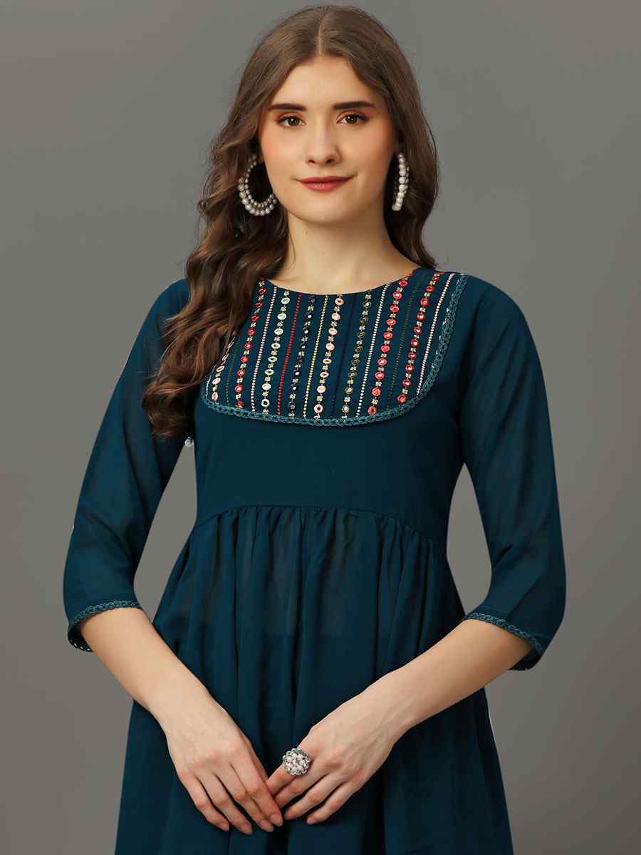 Teal Georgette Embroidered Festival Casual Kurti with Bottom