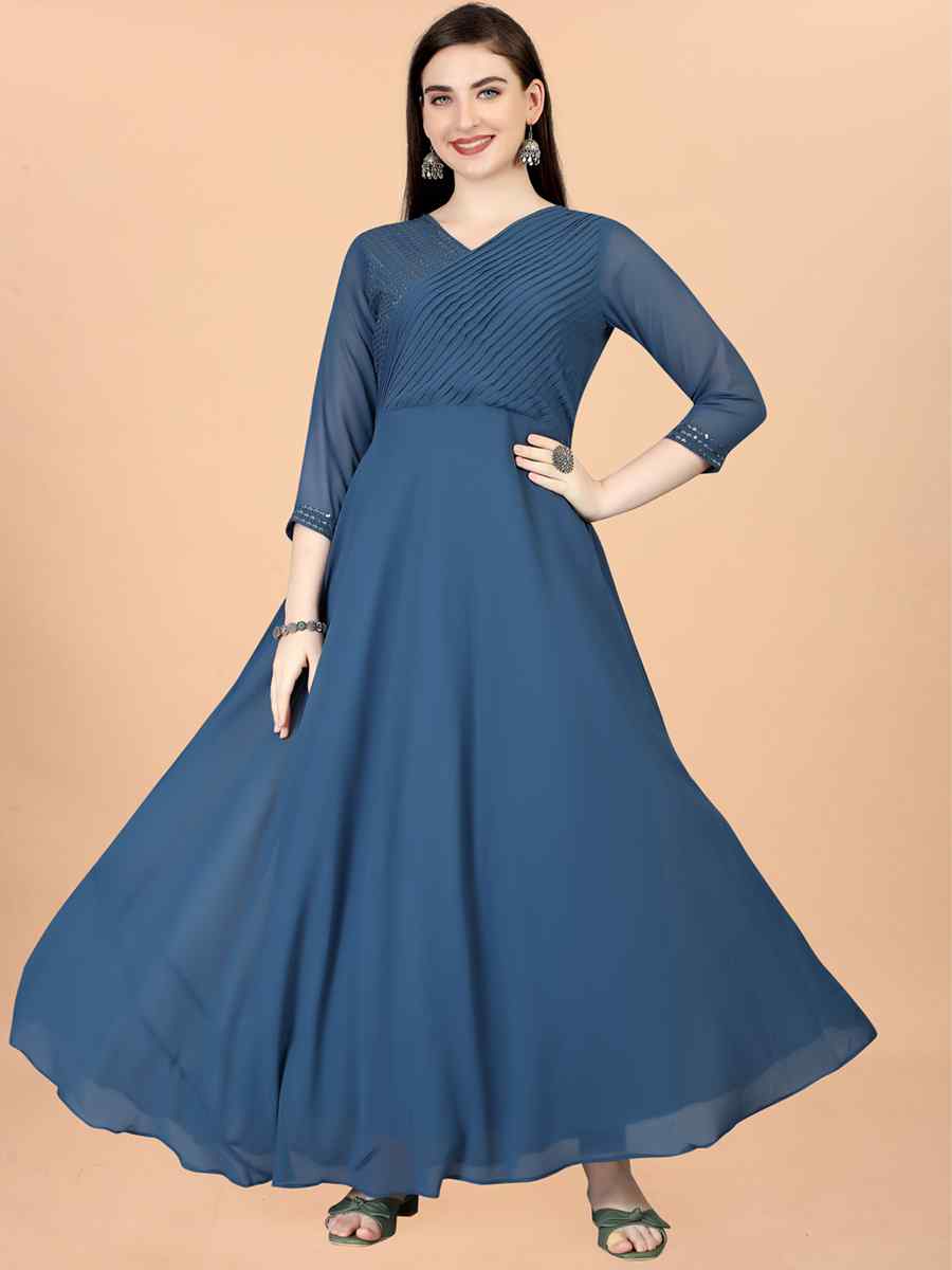 Teal Georgette Embroidered Festival Party Gown