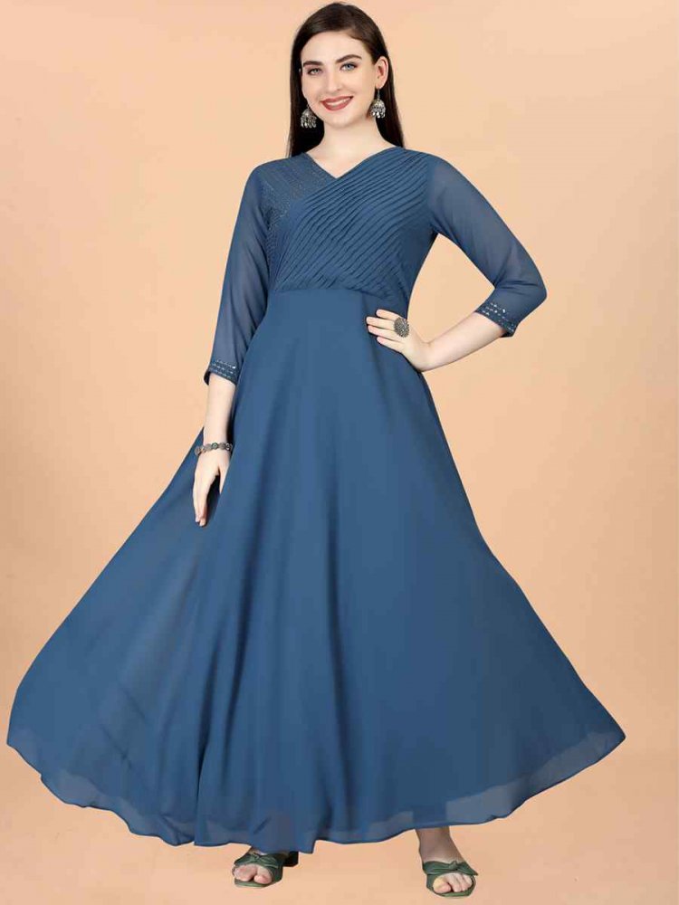 Teal Georgette Embroidered Festival Party Gown