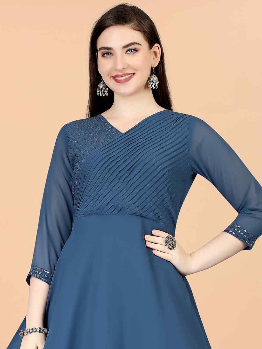 Teal Georgette Embroidered Festival Party Gown