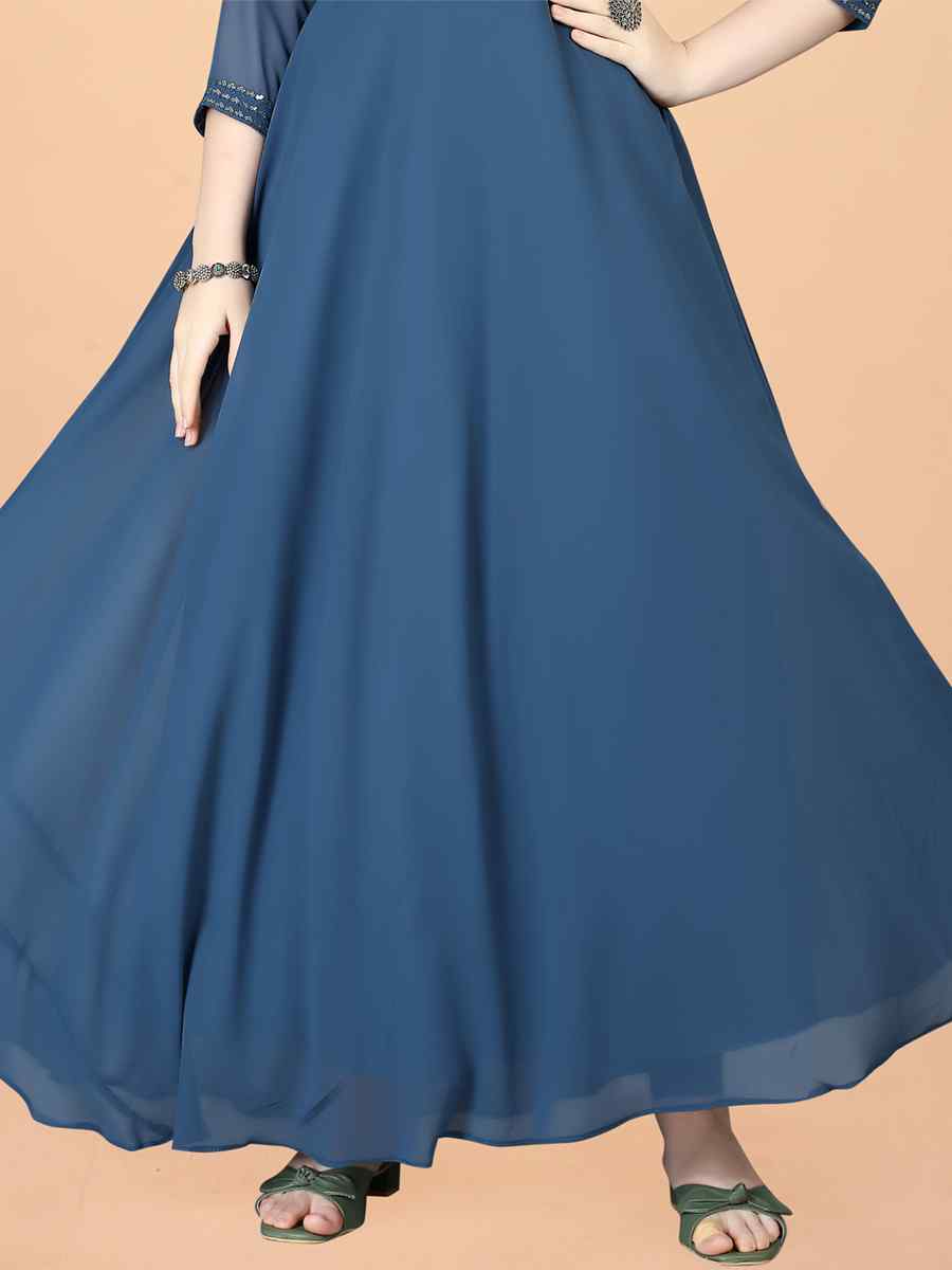 Teal Georgette Embroidered Festival Party Gown