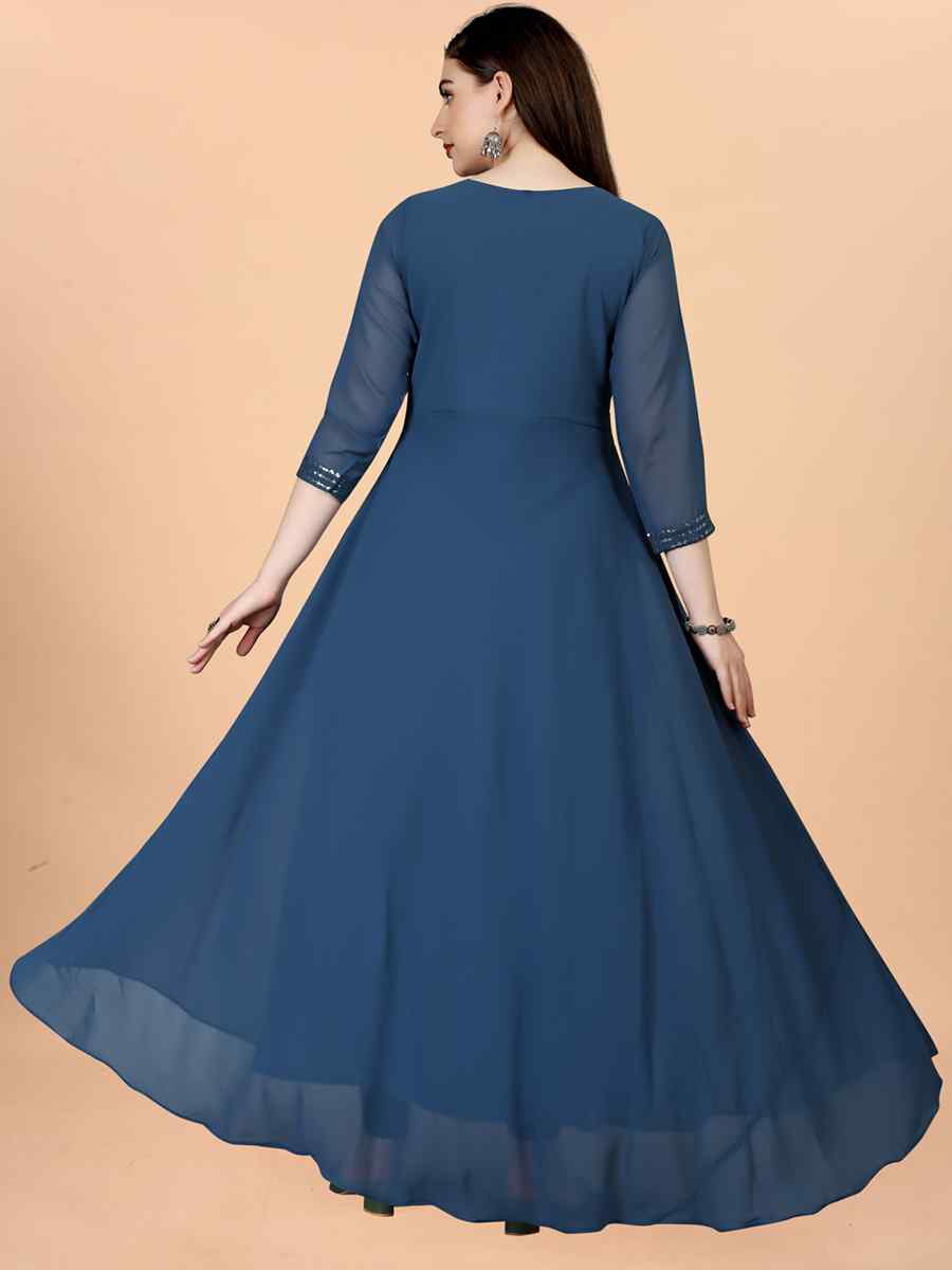 Teal Georgette Embroidered Festival Party Gown