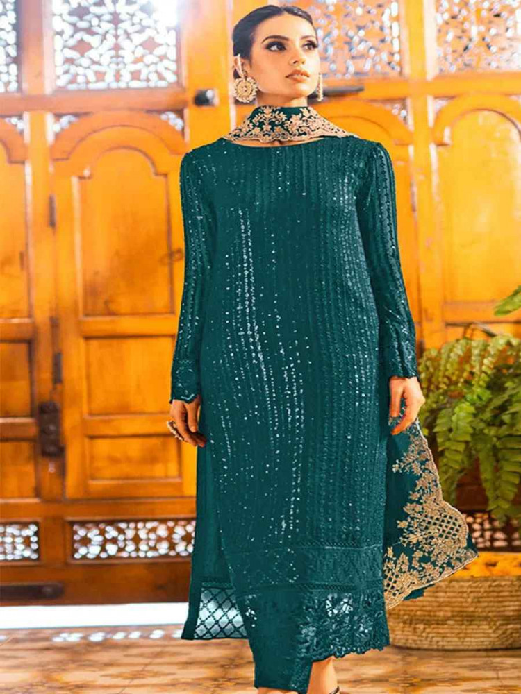 Image of Teal Georgette Embroidered Festival Wedding Pant Salwar Kameez