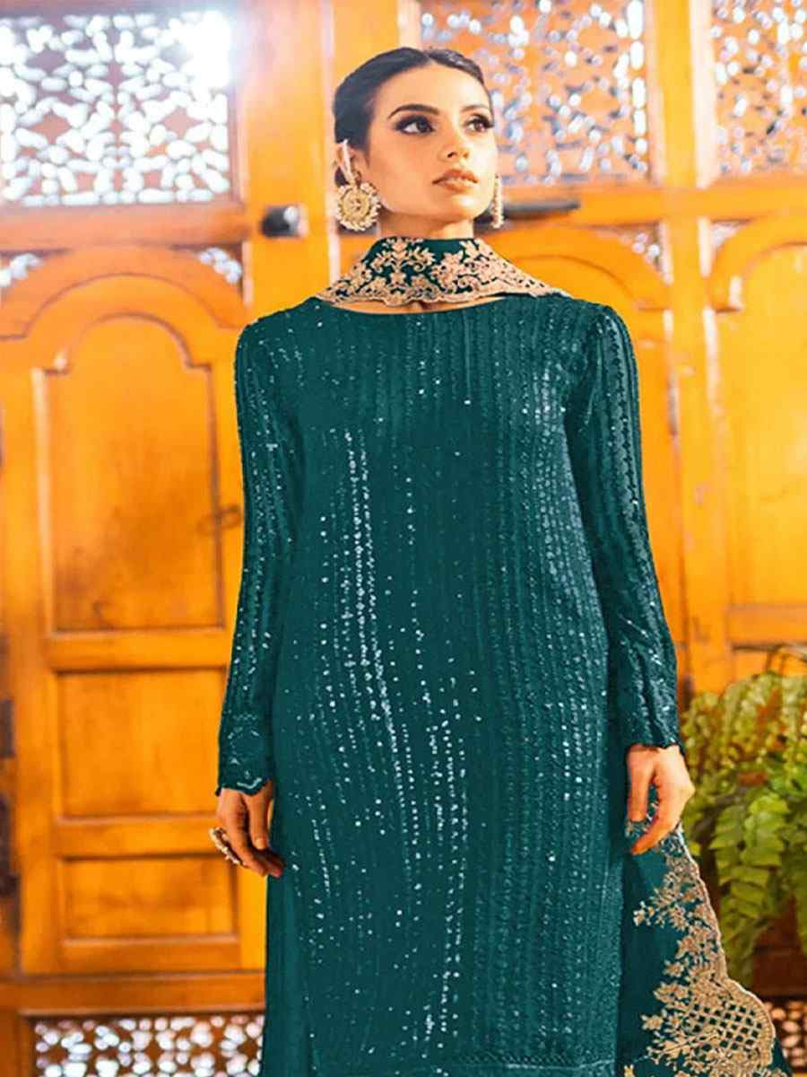 Teal Georgette Embroidered Festival Wedding Pant Salwar Kameez
