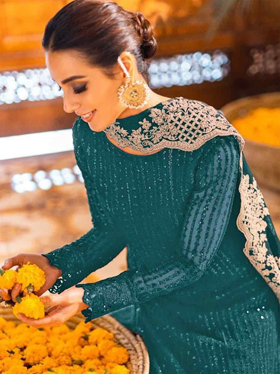 Teal Georgette Embroidered Festival Wedding Pant Salwar Kameez