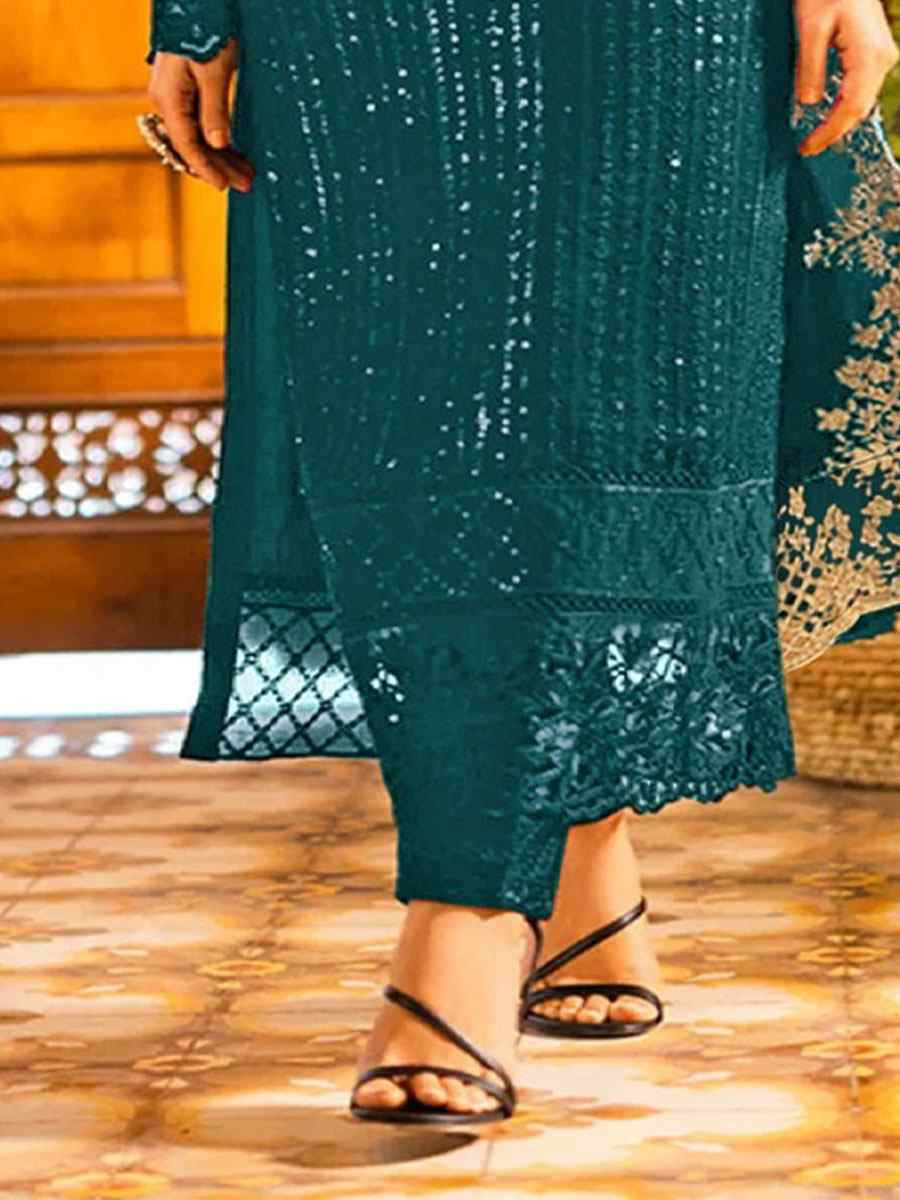Teal Georgette Embroidered Festival Wedding Pant Salwar Kameez