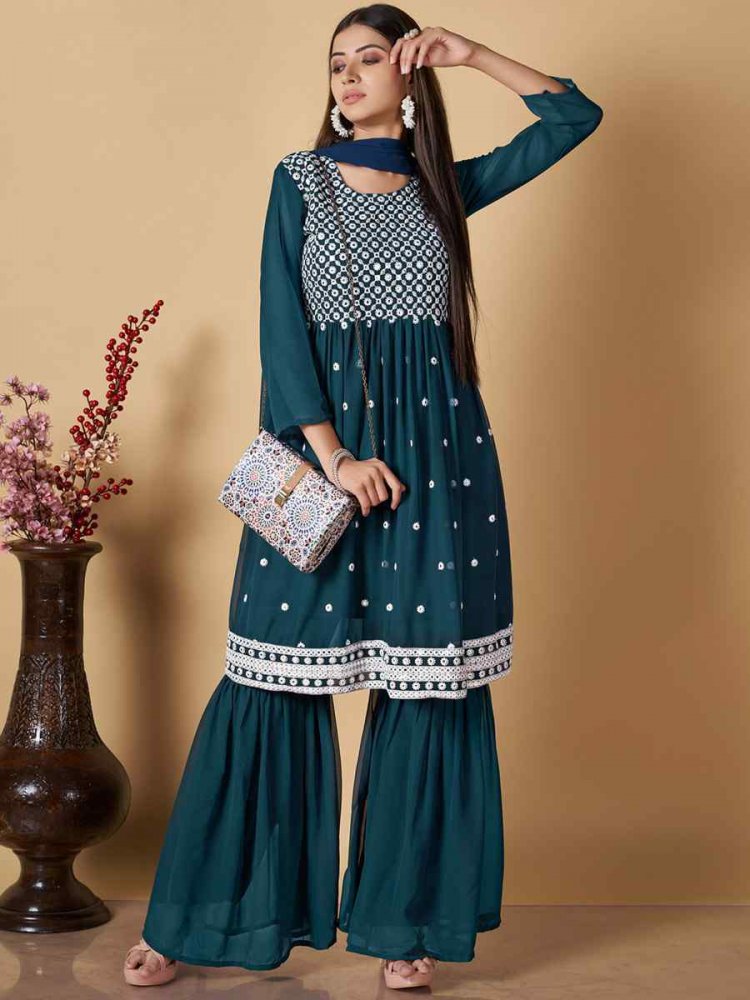 Teal Georgette Embroidered Festival Wedding Ready Palazzo Pant Salwar Kameez