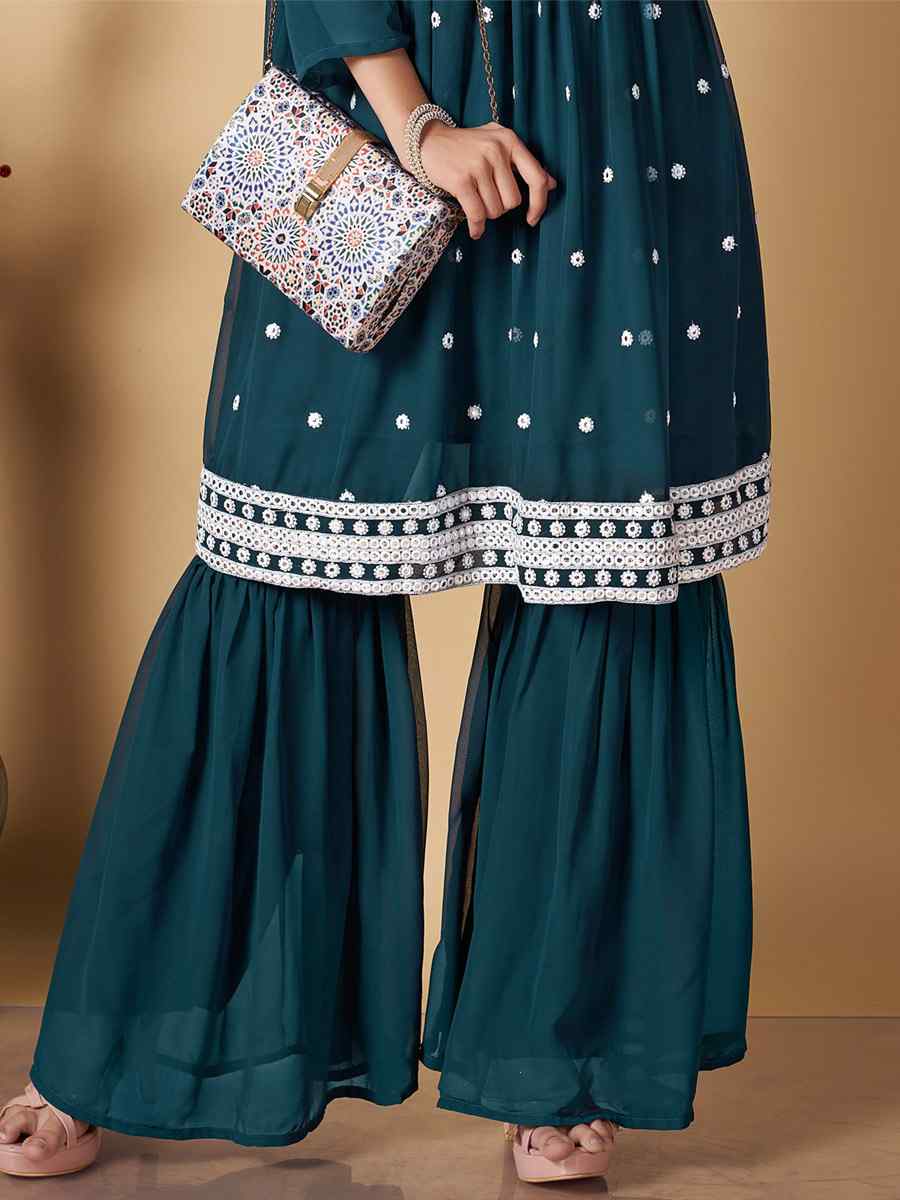 Teal Georgette Embroidered Festival Wedding Ready Palazzo Pant Salwar Kameez
