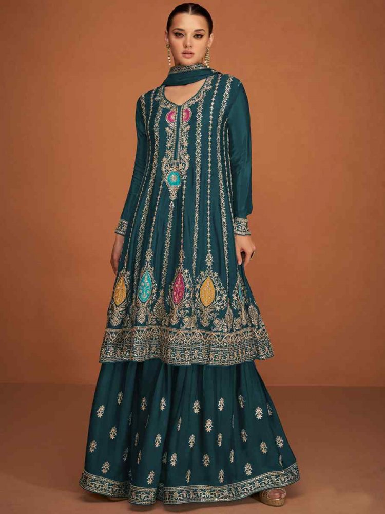 Teal Georgette Embroidered Festival Wedding Ready Sharara Pant Salwar Kameez