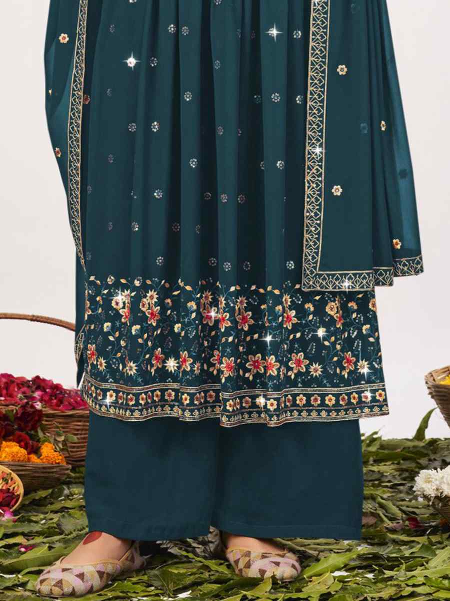 Teal Georgette Embroidered Mehendi Festival Palazzo Pant Salwar Kameez