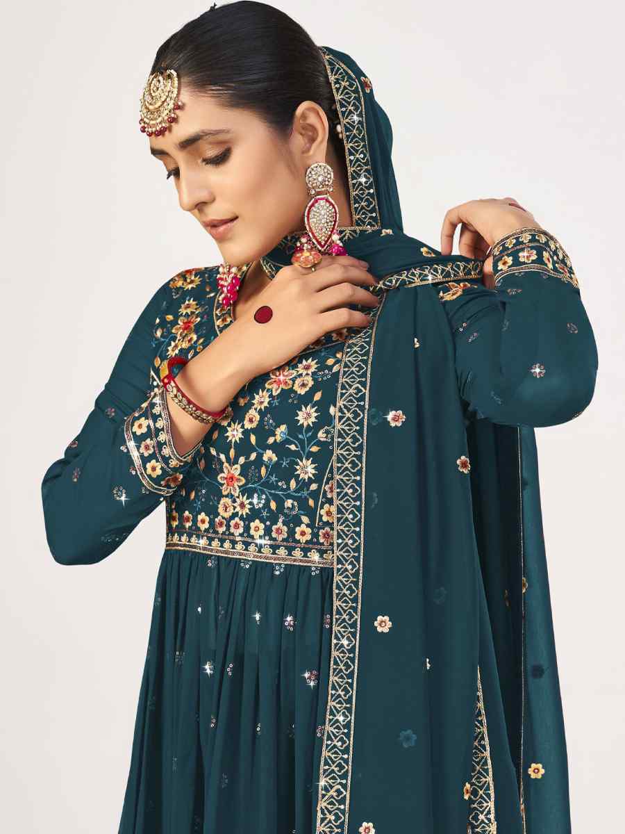Teal Georgette Embroidered Mehendi Festival Palazzo Pant Salwar Kameez