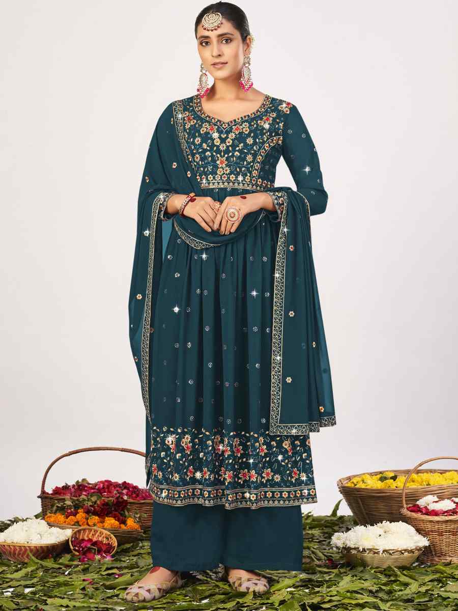 Teal Georgette Embroidered Mehendi Festival Palazzo Pant Salwar Kameez