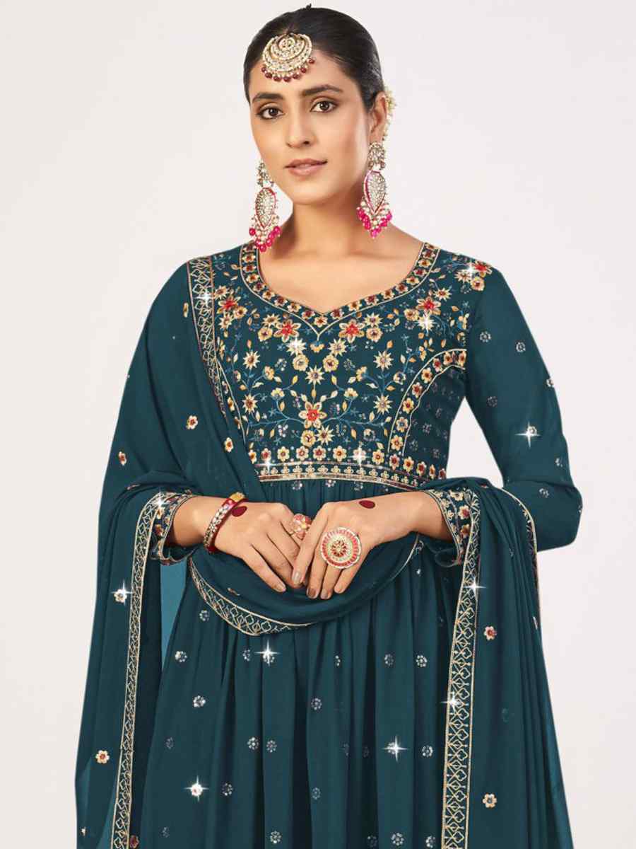 Teal Georgette Embroidered Mehendi Festival Palazzo Pant Salwar Kameez