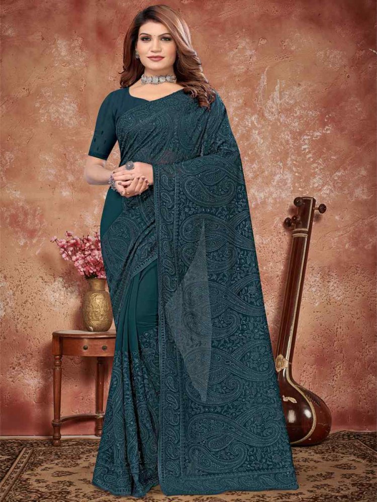 Teal Georgette Embroidered Reception Party Heavy Border Saree