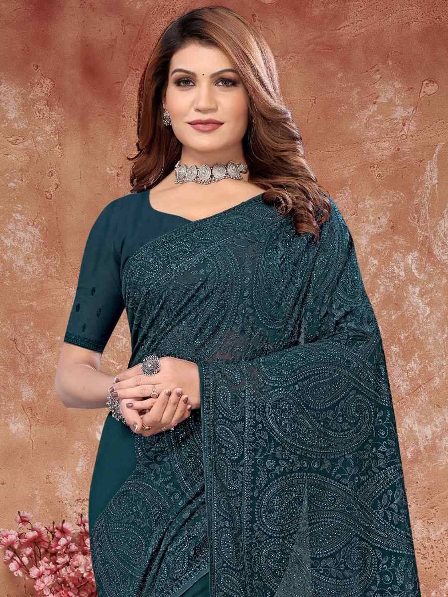 Teal Georgette Embroidered Reception Party Heavy Border Saree