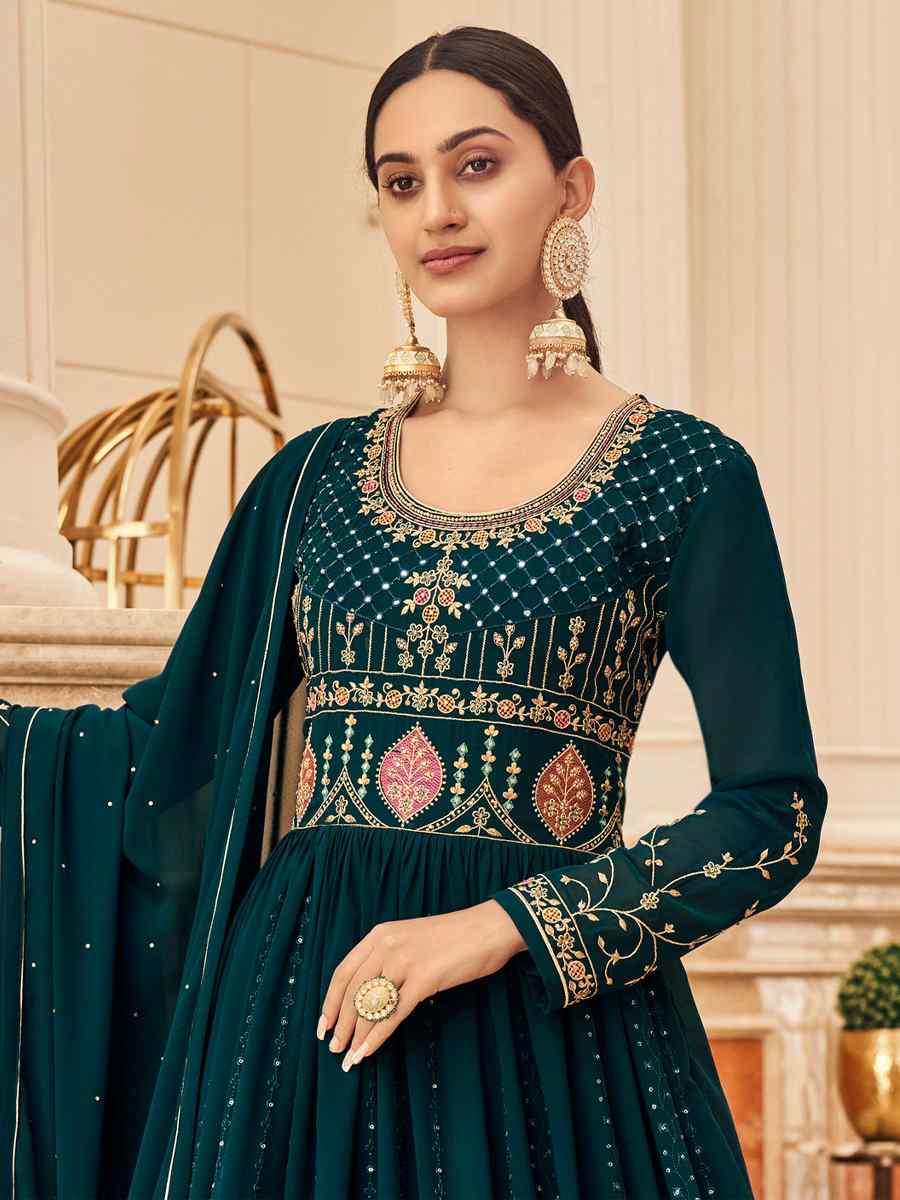 Teal Georgette Embroidered Wedding Festival Anarkali Salwar Kameez
