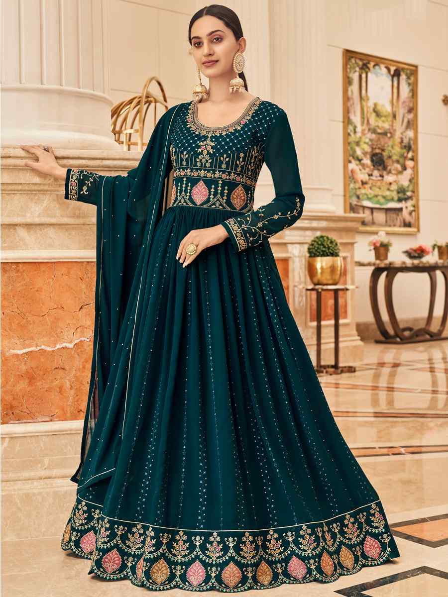 Teal Georgette Embroidered Wedding Festival Anarkali Salwar Kameez