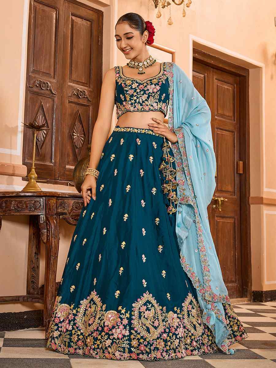 Teal Georgette Embroidered Wedding Reception Festival Heavy Border Lehenga Choli