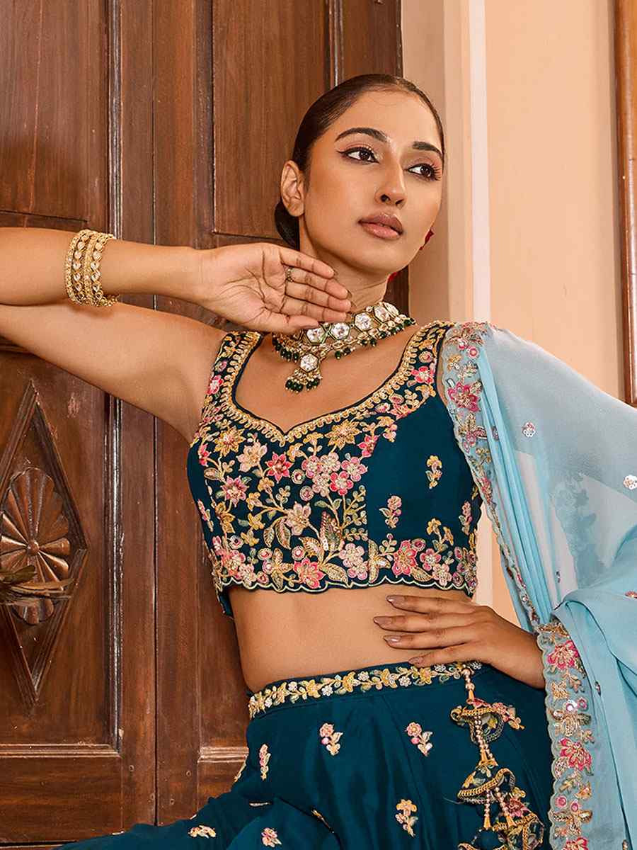 Teal Georgette Embroidered Wedding Reception Festival Heavy Border Lehenga Choli
