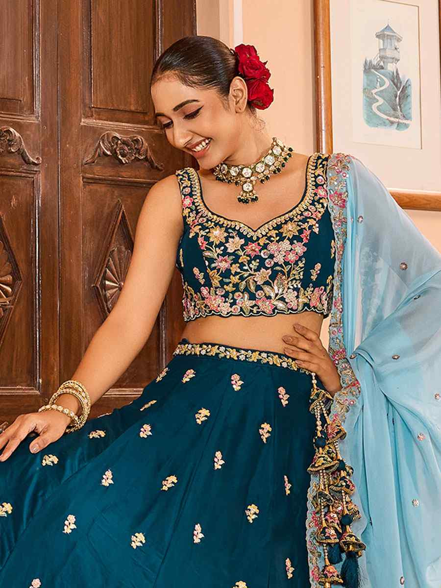 Teal Georgette Embroidered Wedding Reception Festival Heavy Border Lehenga Choli