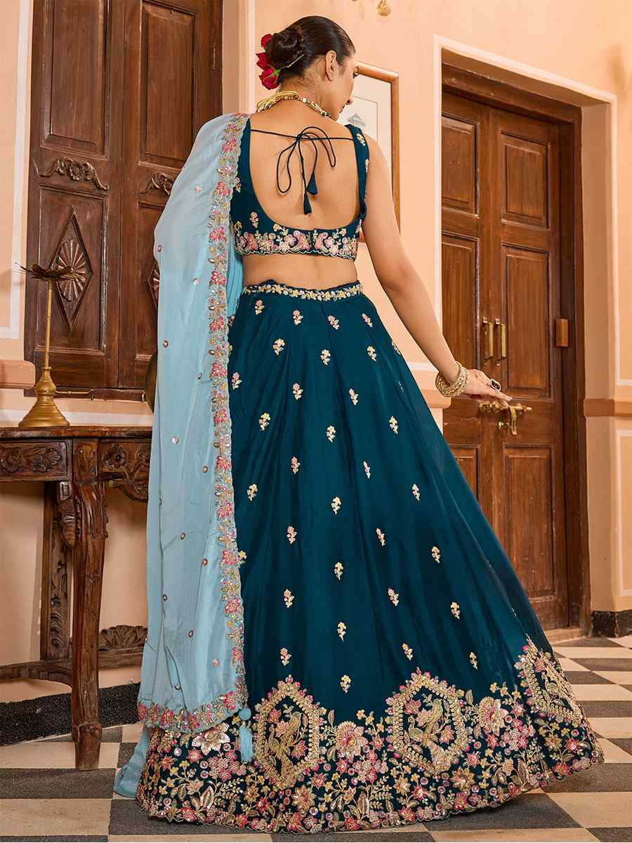 Teal Georgette Embroidered Wedding Reception Festival Heavy Border Lehenga Choli