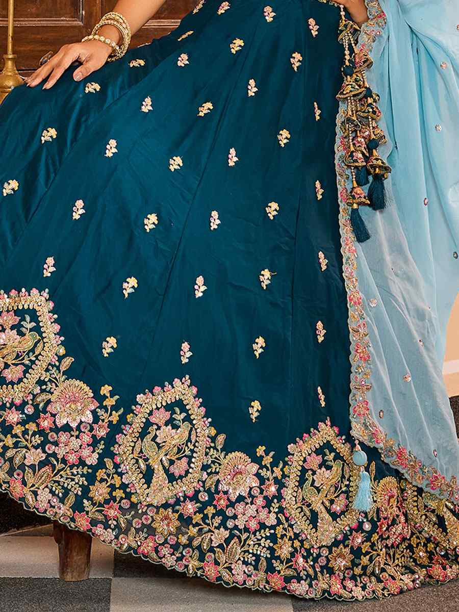 Teal Georgette Embroidered Wedding Reception Festival Heavy Border Lehenga Choli