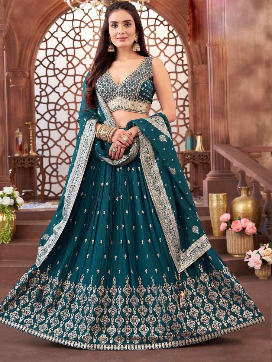 Teal Georgette Embroidered Wedding Reception Festival Ready Heavy Border Lehenga Choli