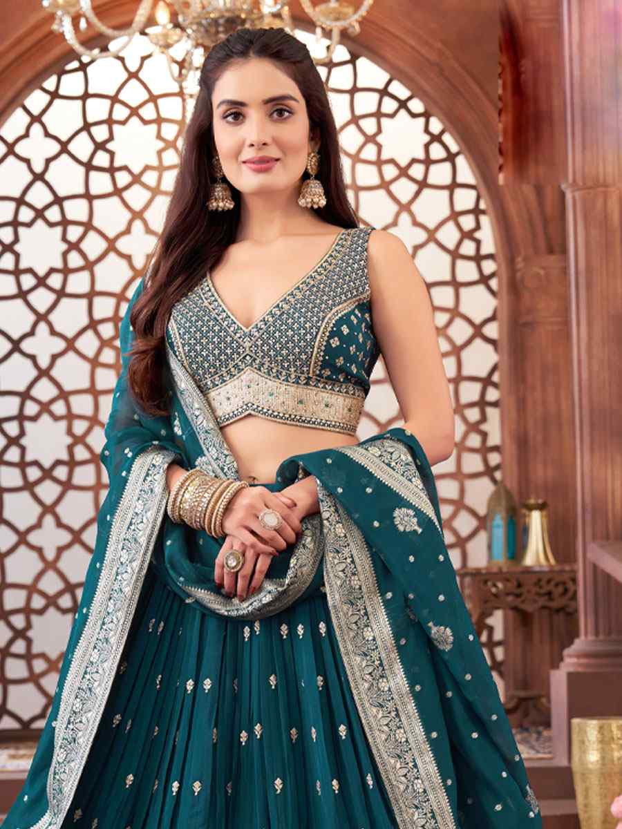 Teal Georgette Embroidered Wedding Reception Festival Ready Heavy Border Lehenga Choli