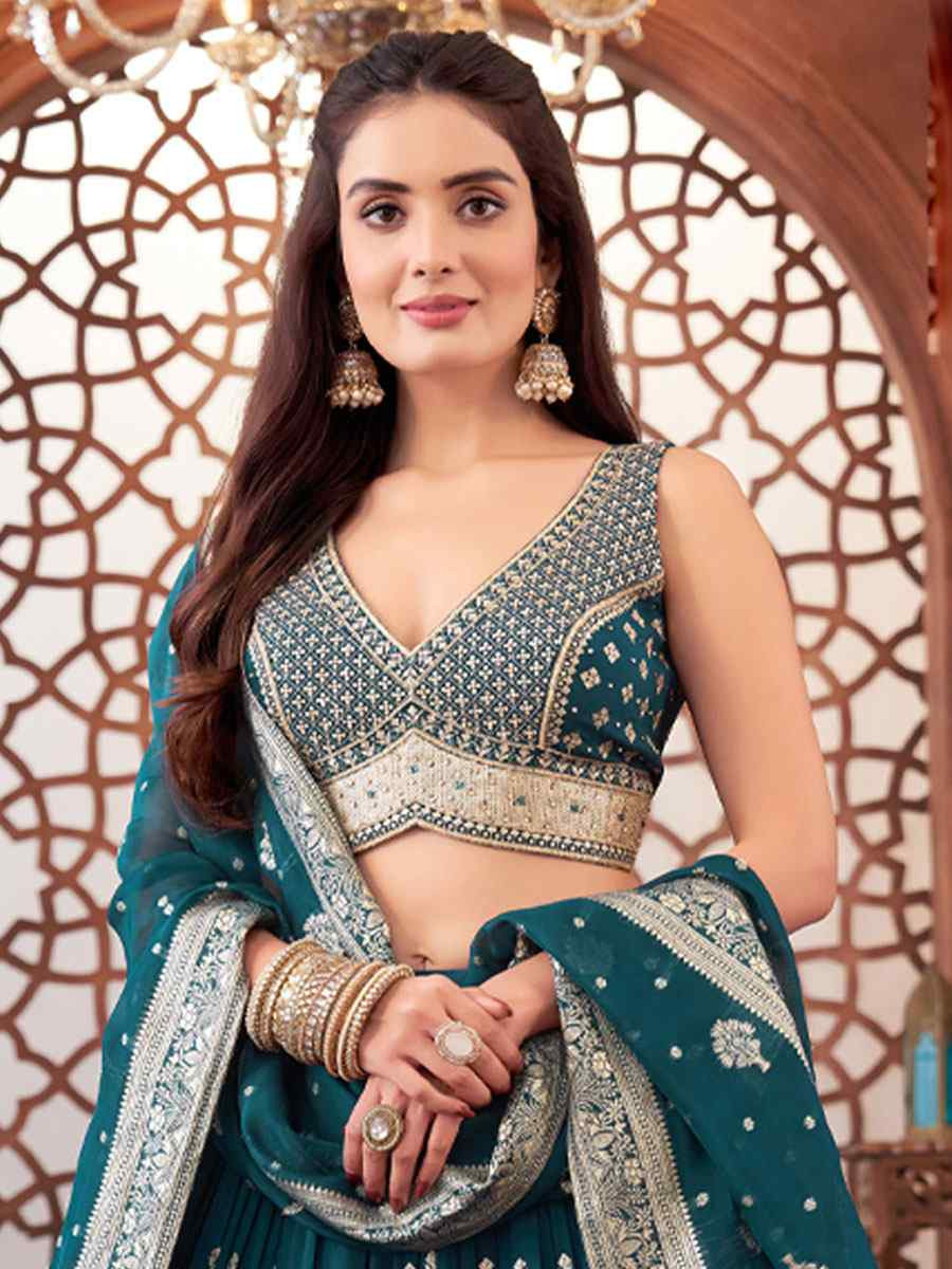 Teal Georgette Embroidered Wedding Reception Festival Ready Heavy Border Lehenga Choli