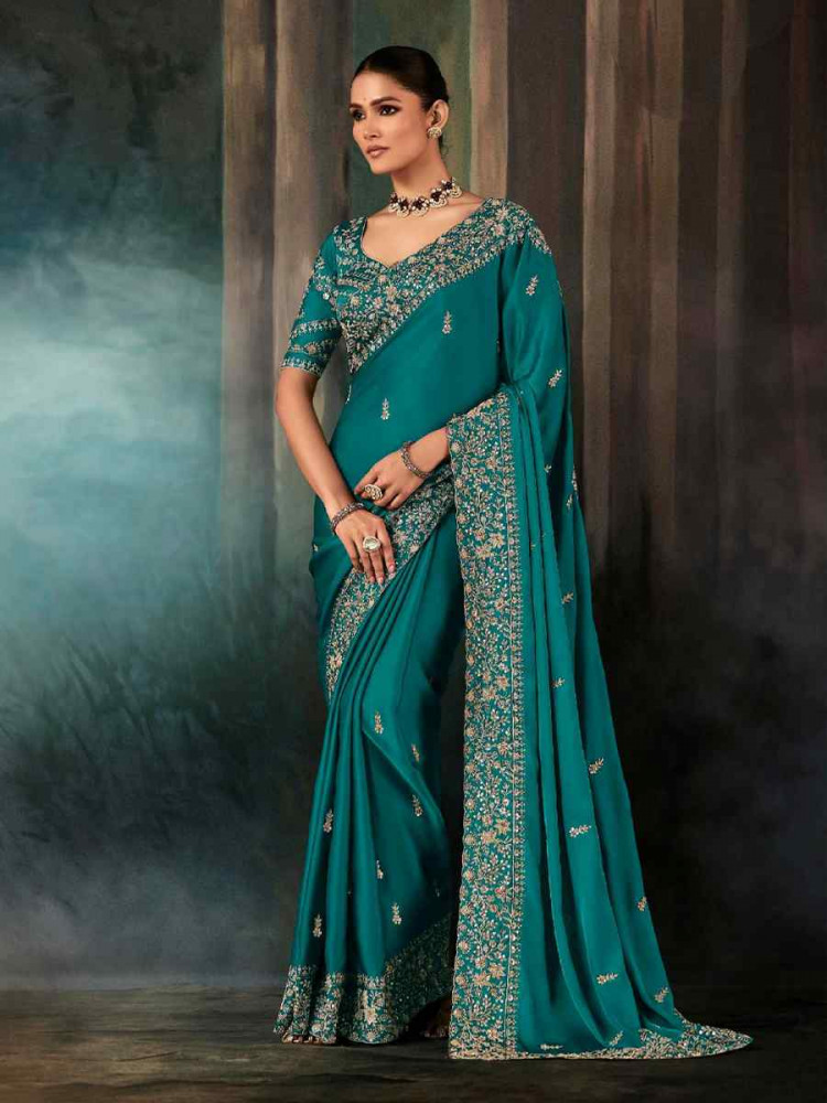 Image of Teal Georgette Embroidery Bridal Reception Festival Wedding Fancy Heavy Border Saree